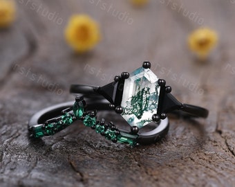 Anillo único de ágata de musgo de oro negro conjunto Anillo de compromiso de ágata inspirado en la naturaleza anillo de boda esmeralda vintage conjunto anillo de espinela negra para mujeres