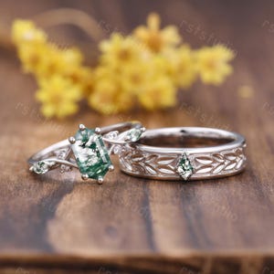 Moss Agate Wedding Couple Rings Moss Agate Engagement Ring Set His And Hers Nature Inspired Silver Ring Anniversary Gift Bridal Fine Jewelry