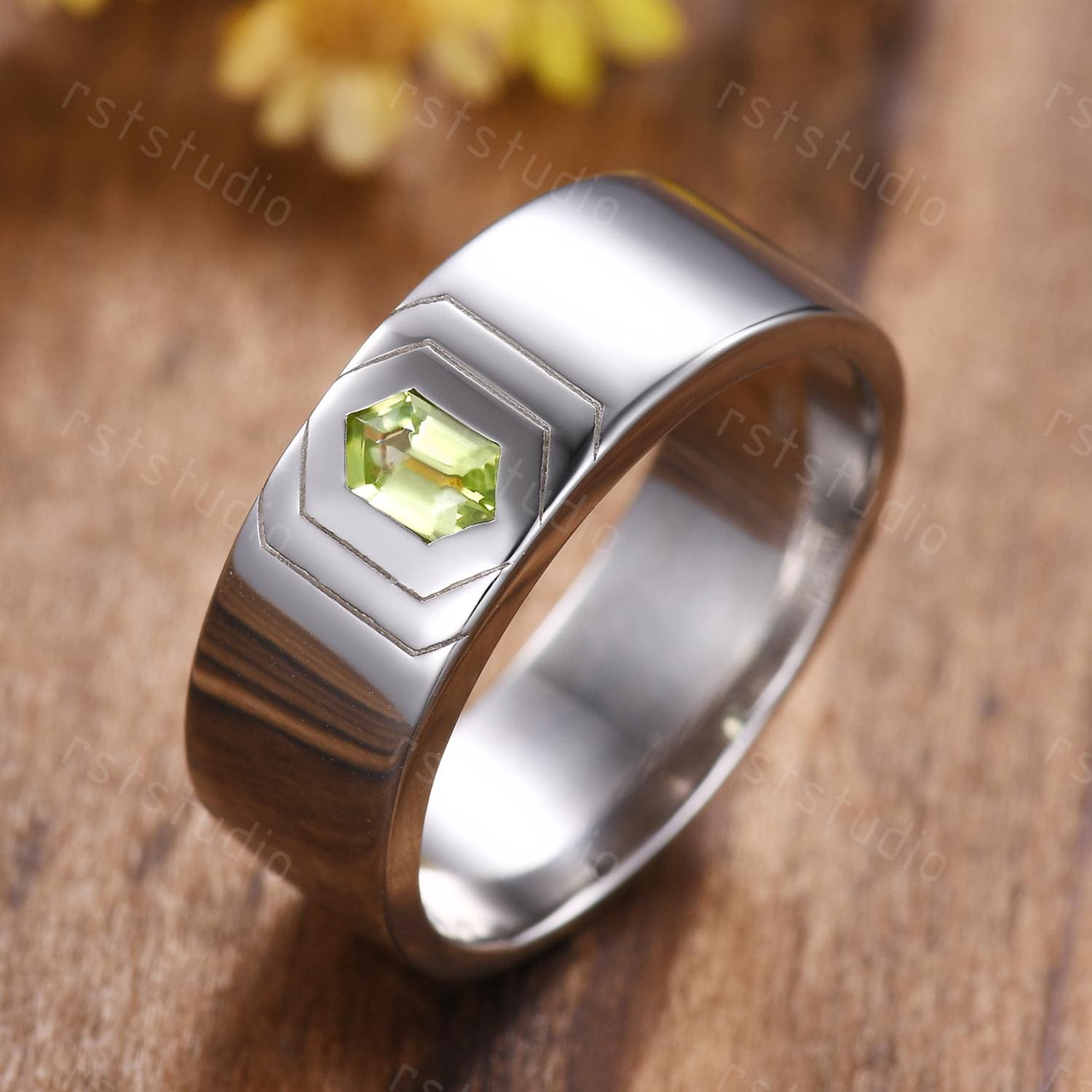 ゴシック六角形ペリドット結婚指輪 スターリングシルバーリング