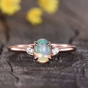 Australia Natural Opal Engagement Ring Unique Oval Cut Opal Wedding Ring Moissanite Accent 3 Stone Ring Plain 14K Rose Gold Women Jewelry