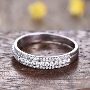 Women Diamond Ring Half Eternity Band Matching Vintage Bridal Anniversary Milgrain Curved Wedding Ring White Gold Stackable Wedding Band