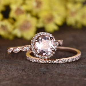 1.2ctw Morganite Ring Set Natural Morganite Engagement Ring Marquise Wedding Band Diamond 14K Rose Gold Bridal Set Anniversary Gifts