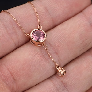 Pink tourmaline necklace diamond pendant,round tourmaline pendant with rose gold necklace,October birthstone necklace wedding gift for her