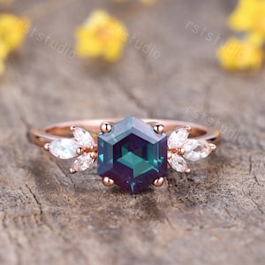 Hexagon Alexandrite Engagement Ring Unique Alexandrite Ring Rose Gold,Diamond Moonstone Wedding Band Vintage Alexandrite Wedding Ring