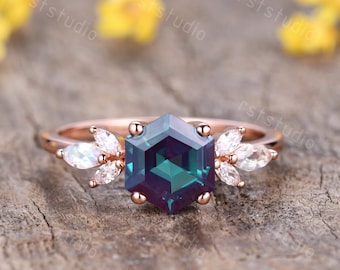 Hexagon Alexandrite Engagement Ring Unique Alexandrite Ring Rose Gold,Diamond Moonstone Wedding Band Vintage Alexandrite Wedding Ring