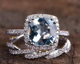 2Pcs Aquamarine Engagement Ring Aquamarine Bridal Ring Twist Diamond Matching Band Blue Gemstone Ring Aquamarine Jewelry 14k White Gold