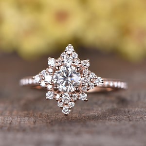 14K Rose Gold 5MM Round Cut Moissanite Engagement Ring Set Diamond Wedding Band Half Eternity Bridal Ring Moissanite Jewelry Cluster Ring