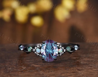 1.5ctw Oval Firework Cut Alexandrite Engagement Ring, Opal Moss Agate Twig Branch Band, Black Gold Gothic Jewelry