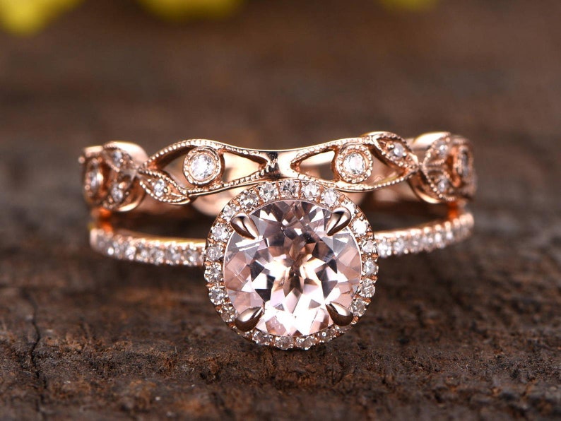 1.2ct Pink Morganite Engagement Ring Set Rose Gold Diamond | Etsy