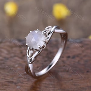 Moonstone engagement ring 14k white gold,unique moonstone ring,diamond wedding band,vintage moonstone jewelry anniversary gifts for women