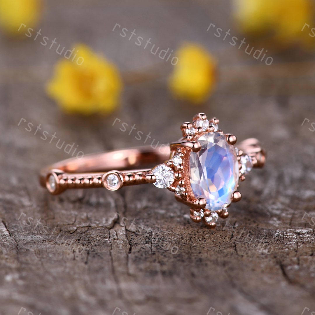 0.65 Ct Moonstone & White Topaz Ring - Solid 10k Rose Gold Women's Jewelry Gift