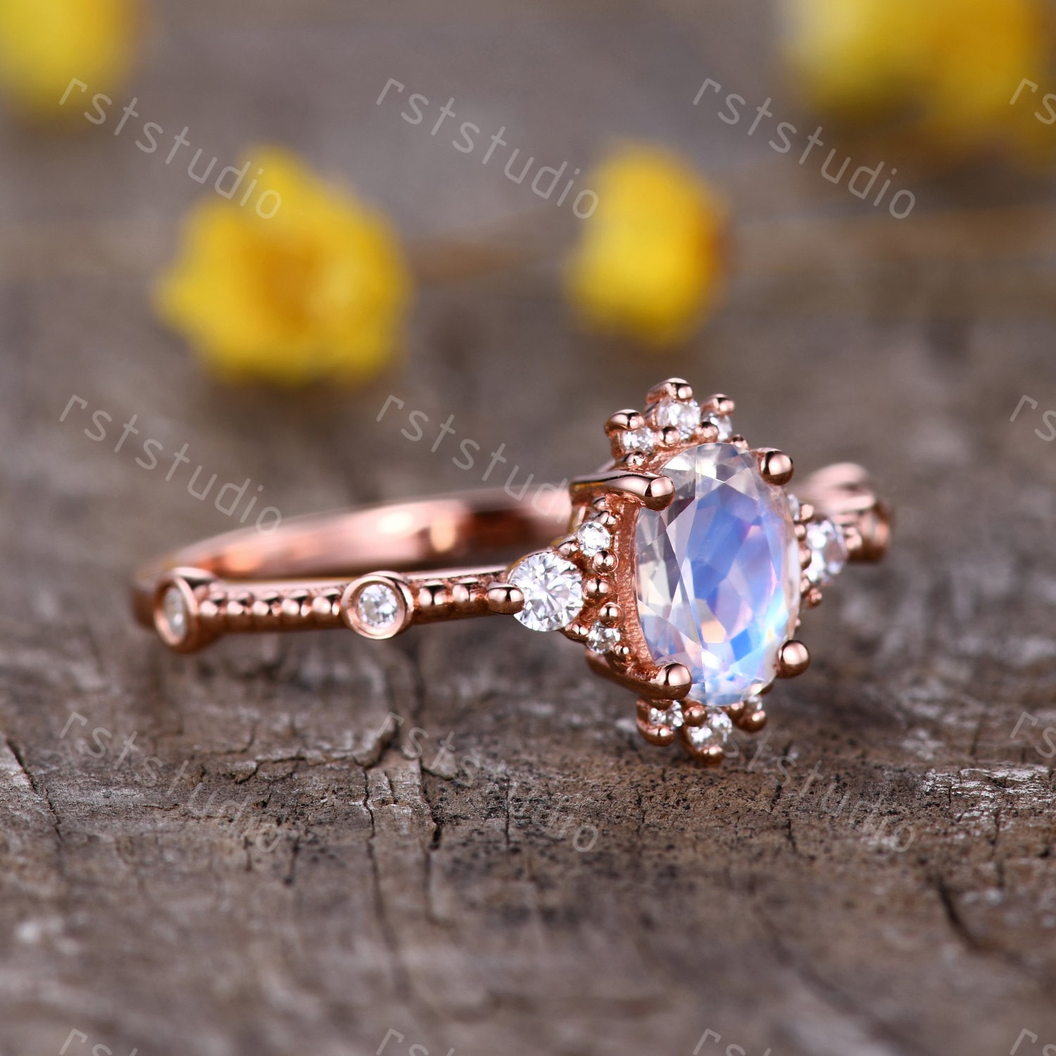 0.65 Carat Natural Moonstone Engagement Ring Rose Gold Diamond