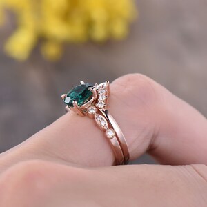 6x8mm Emerald Engagement Ring Set Vintage Emerald Wedding Ring Moissanite Curve Crown Wedding Band Unique Emerald Jewelry Gifs For Women image 3