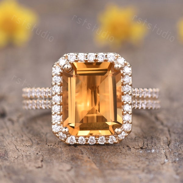 3ct Yellow Citrine Engagement Ring Natural Citrine Ring Diamond Wedding Band Vintage Rings For Women Extra 4mm Big Band Promise Ring
