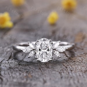 Vintage oval moissanite engagement ring unique cluster ring sterling silver marquise moissanite bridal ring matching stacking wedding band