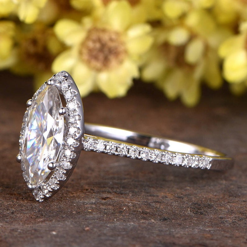 1ct Marquise Moissanite Engagement Ring White Gold Halo Etsy
