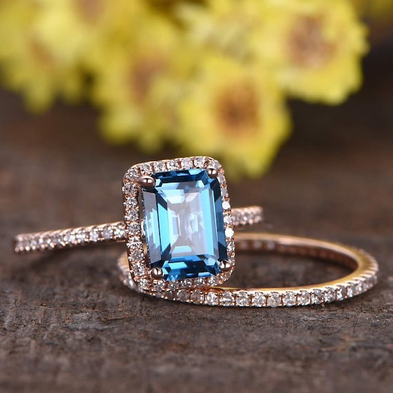 6x8mm London Blue Topaz Engagement Ring Set 14K Rose Gold