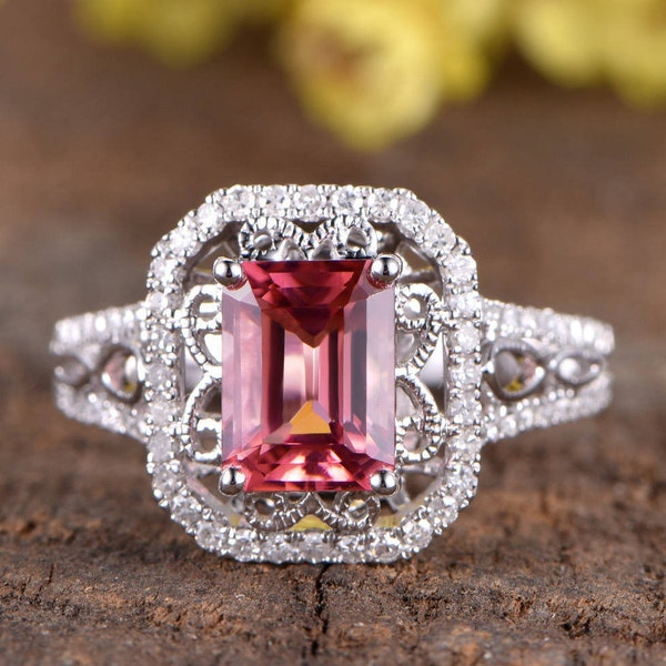 Pink Tourmaline Engagement Ring Unique Retro Floral Filigree Ring Diamond Wedding Ring 1.65ctw Emerald Cut Natural Gemstone 14K White Gold