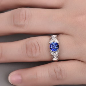 Sapphire Engagement Ring Vintage Antique Diamond Floral Ring Art Deco Wedding Band Round Cut Blue Gemstone Solitaire Ring 14K White Gold image 2