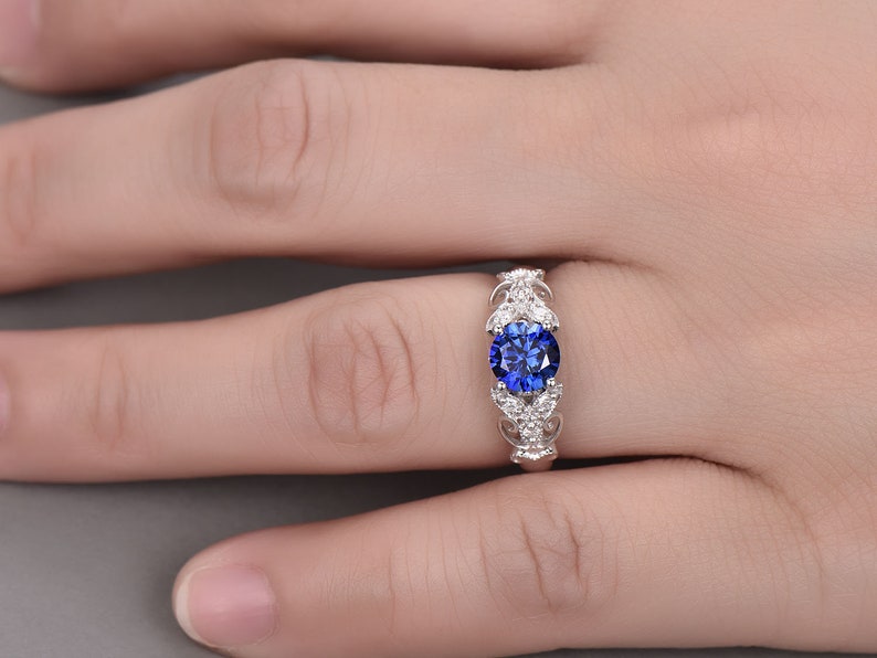 Sapphire Engagement Ring Vintage Antique Diamond Floral Ring Art Deco Wedding Band Round Cut Blue Gemstone Solitaire Ring 14K White Gold image 2