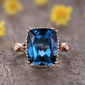 10x12mm cushion cut London blue Topaz engagement ring,Blue Topaz gemstone promise ring,diamond wedding band 14K 18K rose gold promise ring