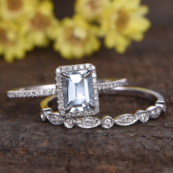 Anillo de compromiso de aguamarina, oro blanco de 14 quilates, talla esmeralda, banda nupcial de diamantes