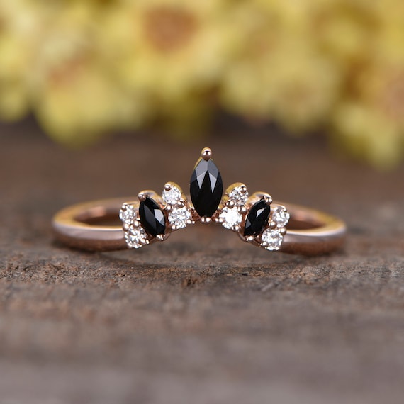 Black Spinel Engagement Ring, 14K Rose Gold Diamond Wedding Band
