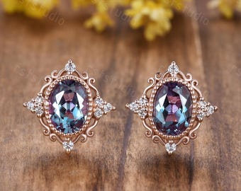 Vintage oval cut alexandrite wedding stud earrings women solid rose gold diamond earrings filigree Anniversary earrings June gift for her