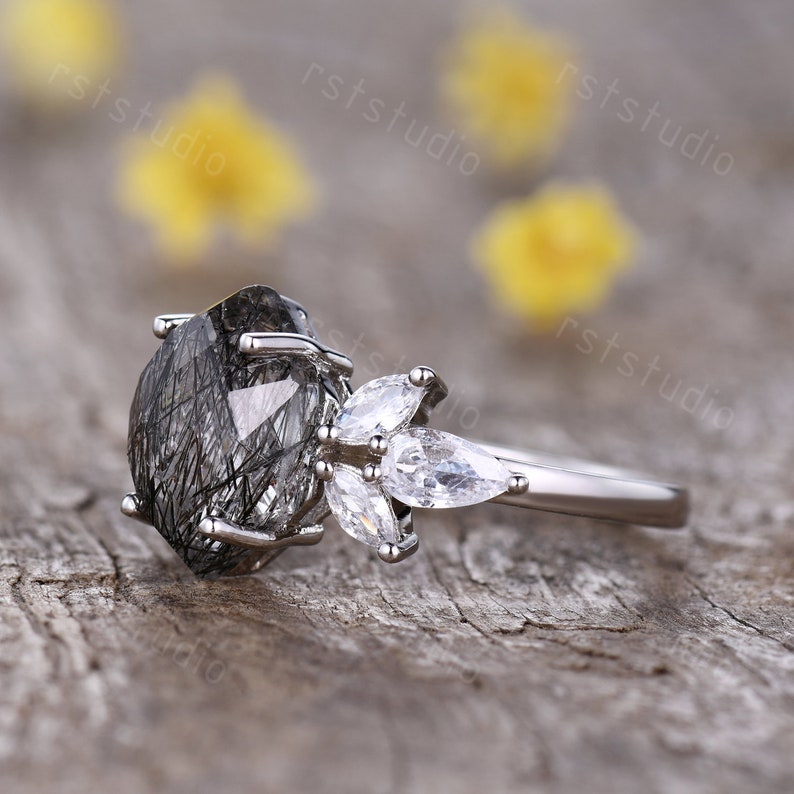 Vintage Black Rutilated Quartz Engagement Ring Five Stone Rose Gold Ring Unique Moissanite Ring Black Stone Ring Wedding Anniversary Ring