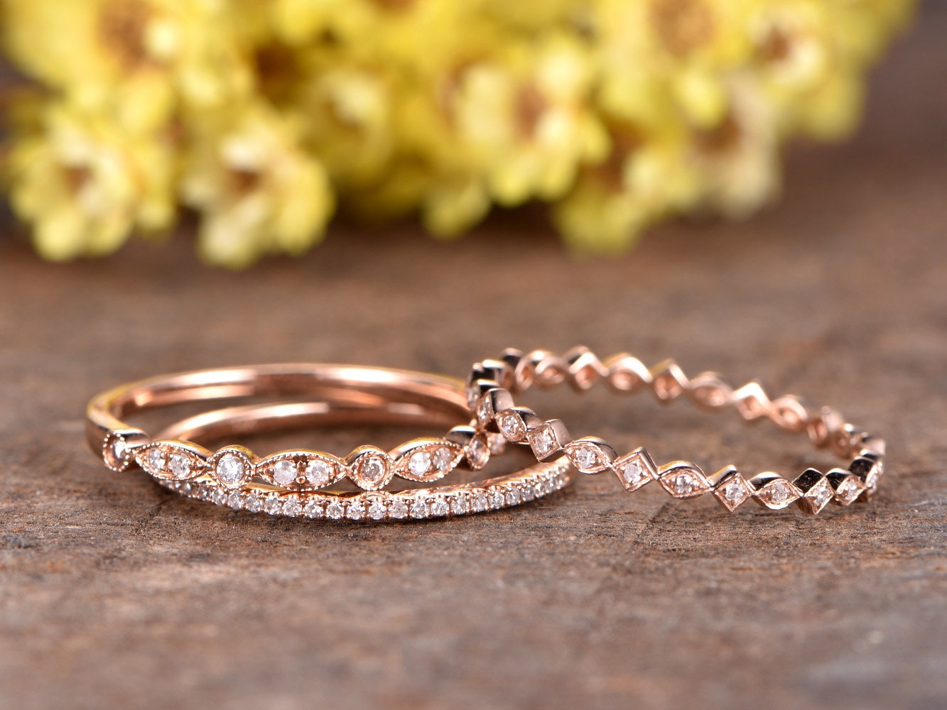 Milgrain Diamond Wedding Band Women Rose Gold Art Deco Diamond Eternity Band Bridal Set 2pcs Delicate Minimalist Dainty Anniversary Gift
