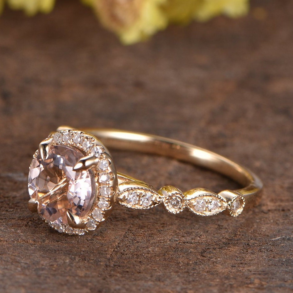 Art Deco Morganite Engagement Ring Real Diamond Halo Wedding - Etsy