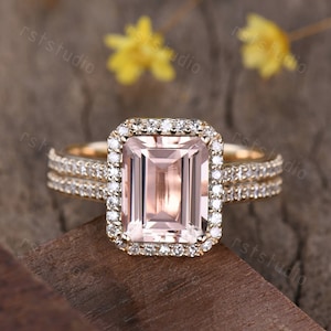 Emerald Cut Natural Morganite Engagement Ring Natural Morganite Ring Diamond Wedding Band 2.5ct Morganite Jewelry Anniversary Gifts Promise