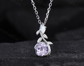 Dainty Lavender sapphire Necklace Pendant, 5mm Round Cut Light Purple Gemstone Moon Pendant, Leaf Vine Natural Inspired Anniversary Gift