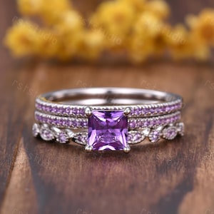 3Pcs Amethyst Engagement Ring Set Sterling Silver Rings February Birthstone Gift Princess Cut Amethyst Anniversary Ring Purple Wedding Set