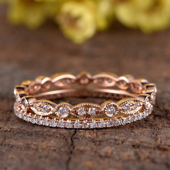 Diamond Wedding Ring Set: 14k Rose Gold Milgrain Eternity Bands