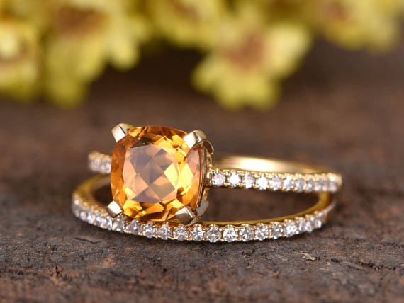 Vintage Citrine Engagement Ring Set 14K Yellow Gold Half Eternity