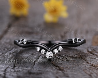 Anillo de diamantes Chevron para mujer, banda de eternidad Deco en forma de V, anillo de diamantes minimalista a juego, anillo de boda de aniversario apilable, oro negro de 14 quilates
