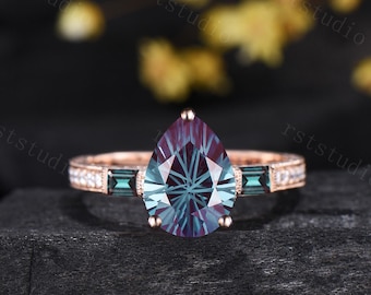 3ctw pear shaped firework cut alexandrite engagement ring Filigree baguette alexandrite diamond band June birthstone promise ring for women