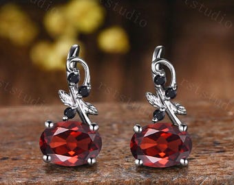 Pendientes ovalados de granate y espinela negra en forma de hoja, oro de 10K/14K/18K