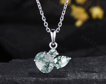 Vintage 1.5CT Natural Oval Moss Agate Necklace Pendant, Three Stone Teardrop Agate Necklace Minimalist 14K White Gold Anniversary Gift