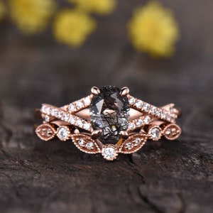 Black Rutilated Quartz  engagement ring Wedding Ring Set,black gemstone ,vintage diamond art deco wedding band,unique rose gold bridal set