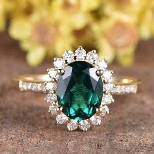Emerald Ring,vintage emerald engagement Ring,floral diamond wedding ring,14K yellow gold May Birthstone Rings  Vintage Cluster Rings Promise