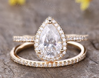 Conjunto de anillo de compromiso moissanita en forma de pera 14K Yellow Gold Diamond Wedding BandDilla anillo de novia Moissanite Jewelry Wedding Ring Set