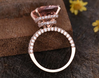 Natural Morganite Engagement Ring: 14K Rose Gold Hidden Halo Diamond Ring