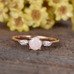 Natural dedicate Opal engagement ring diamond band dainty opal ring marquise moissanite ring oval cut  promise ring 14K rose gold