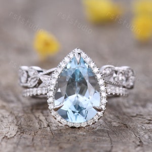 3ct blue aquamarine engagement ring set Teardrop ring natural aquamarine diamond band,aquamarine ring birthstone promise ring 14K white gold