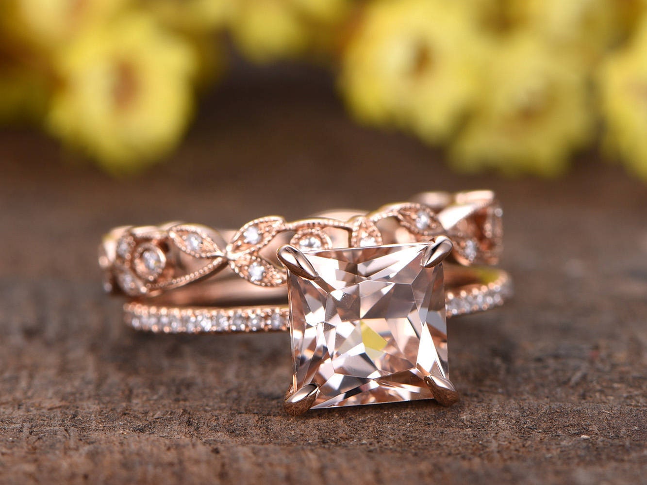 7mm princess cut VS morganite wedding ring set14k rose gold | Etsy