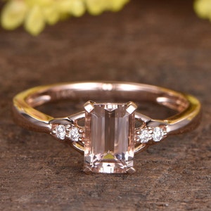 1ct Natural Morganite Engagement Ring 14K Rose Gold Emerald Cut Morganite Jewelry Diamond Accent Wedding Ring Morganite Rings  For women