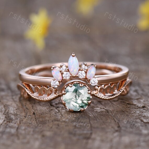 Bague de fian ailles en agate naturelle 14K 18K Or Rose vintage