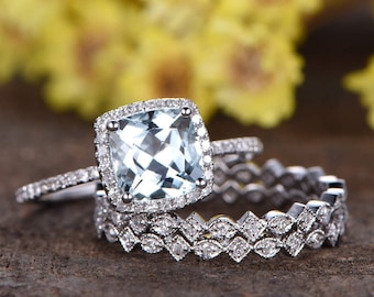 Aquamarine Engagement Ring Set, Diamond Halo, 14K White Gold Wedding Rings